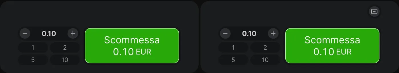 Due pannelli di puntata nell’interfaccia del gioco Aviator