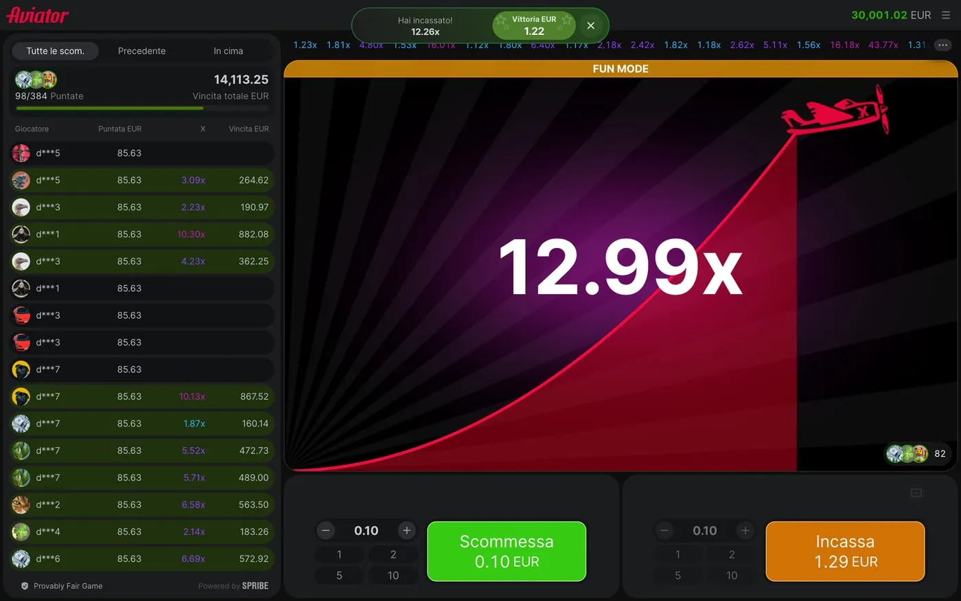 Schermata Aviator dopo un cash out a 2,61×
