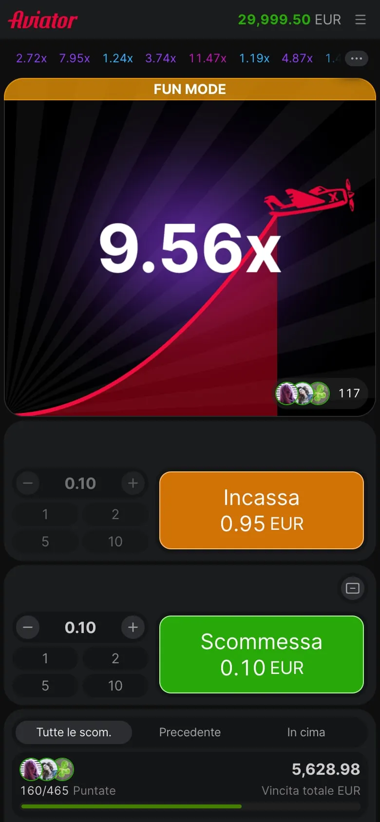 Interfaccia mobile del gioco Aviator durante un round
